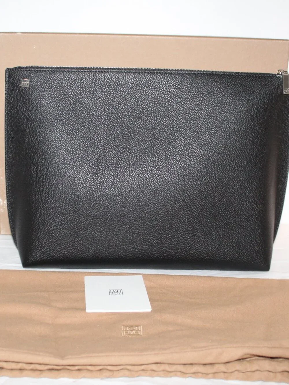 Toteme Pebble Leather Black Large Zip Top Pouch Envelope Clutch Handbag